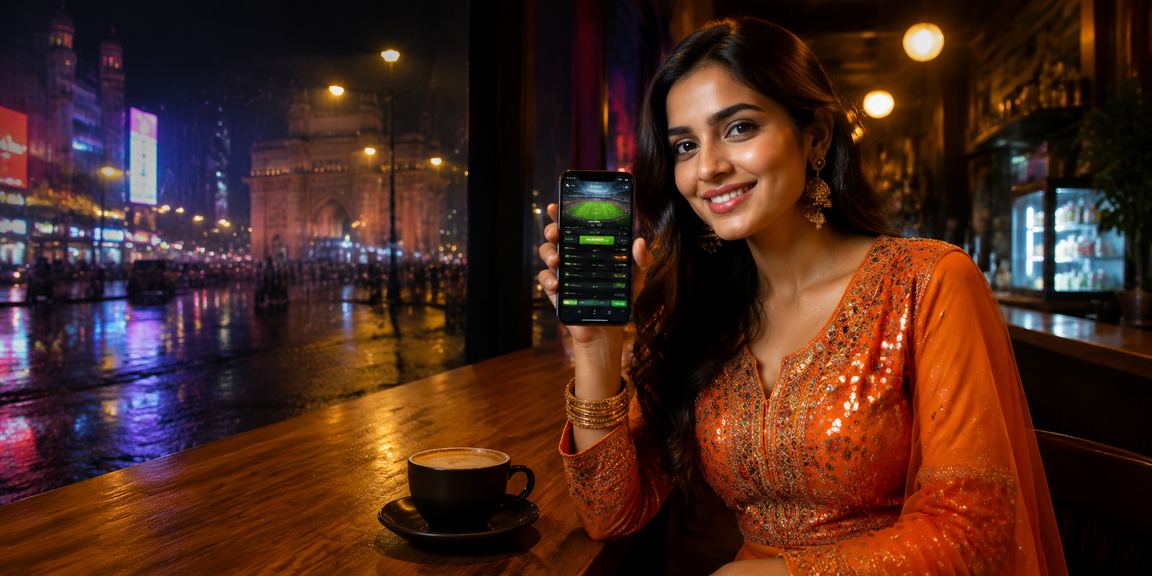 Nighttime sports betting scene in Mumbai with neon lights